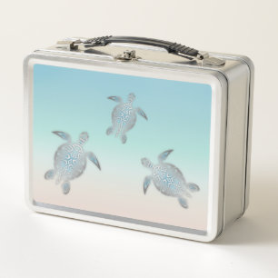 Silver Sea Turtles Turquoise Coastal Metal Lunch Box