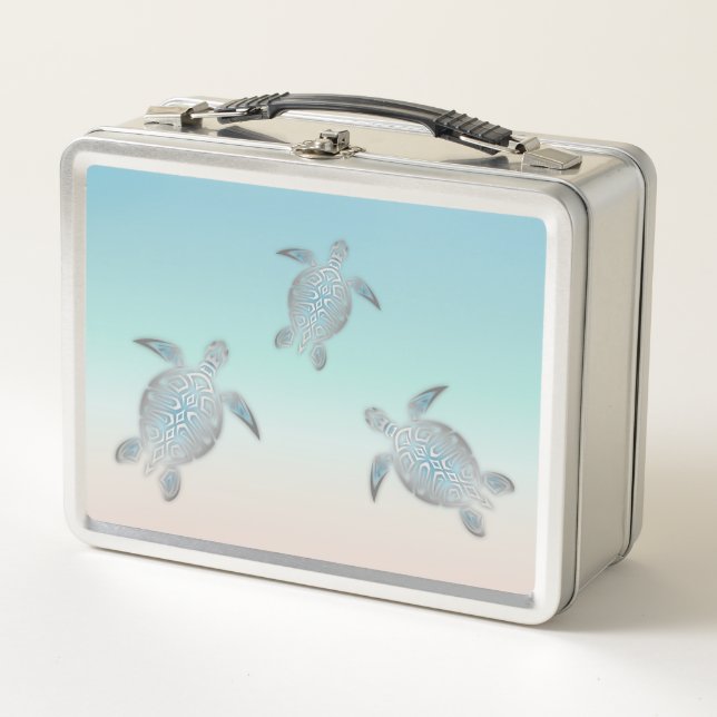 Silver Sea Turtles Turquoise Coastal Metal Lunch Box (Front)