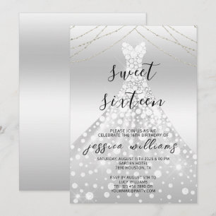 Silver Sequin Ball Gown Sweet 16 Birthday Invitation