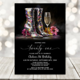 Silver Sequin Boots 21st Birthday Party Invitation