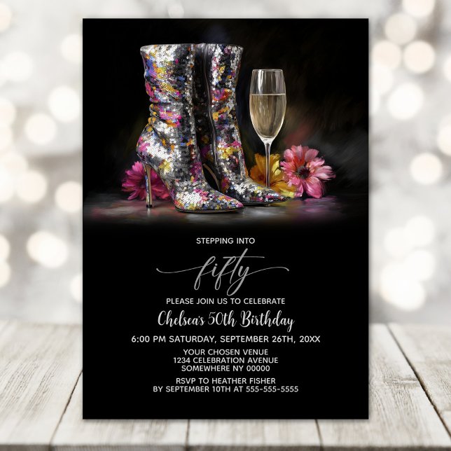 Silver Sequin Boots 50th Birthday Party Invitation (Creator Uploaded)