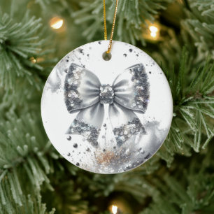 Silver Sequin Bow Glam Radiance Ceramic Ornament