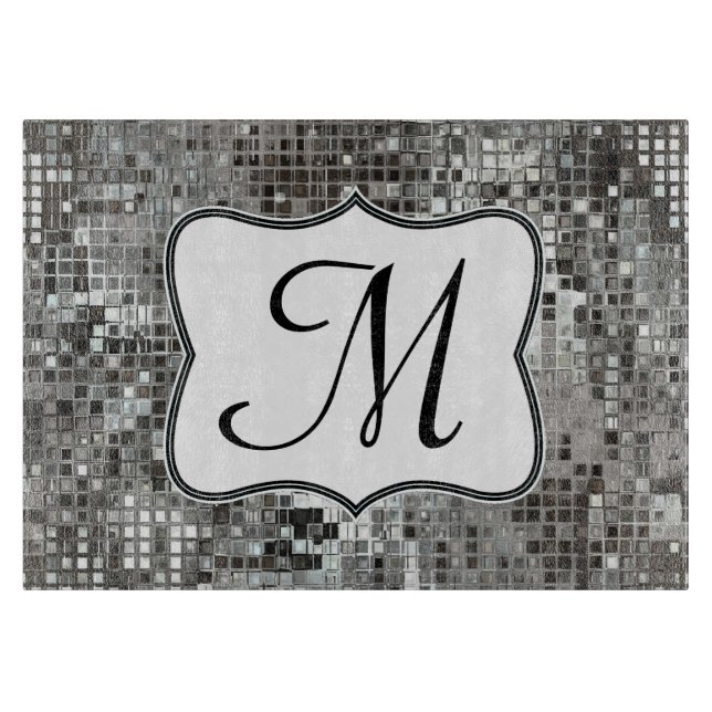 Silver Sequin Dazzle Monogram Glass Cutting Board (Front)