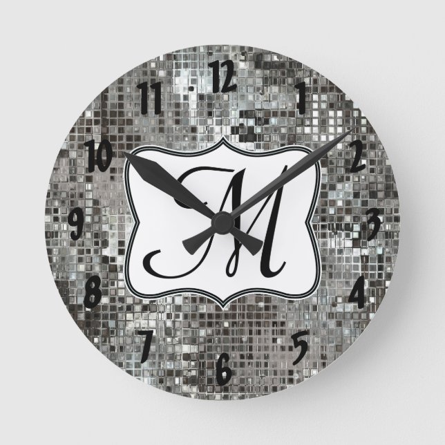 Silver Sequin Dazzle Monogram Initial Wall Clock (Front)