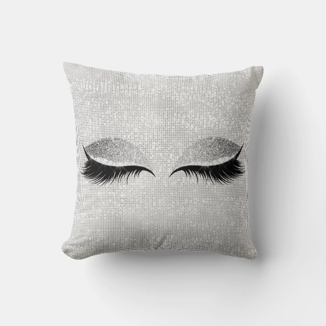 Silver Sequin Glitter Black Glam Makeup Lashes Lux Throw Pillow (Front)
