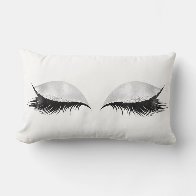 Silver Sequin Glitter Black Grey Makeup Lashes Lumbar Pillow (Front)