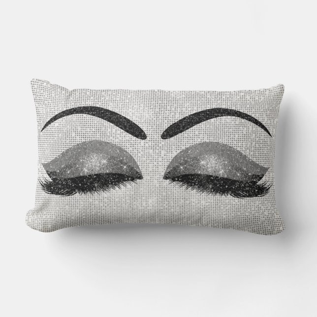 Silver Sequin Glitter Black Grey Makeup Lashes Lumbar Pillow (Front)