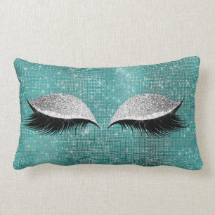 Silver Sequin Glitter Black Teal Makeup Lashes Lumbar Pillow