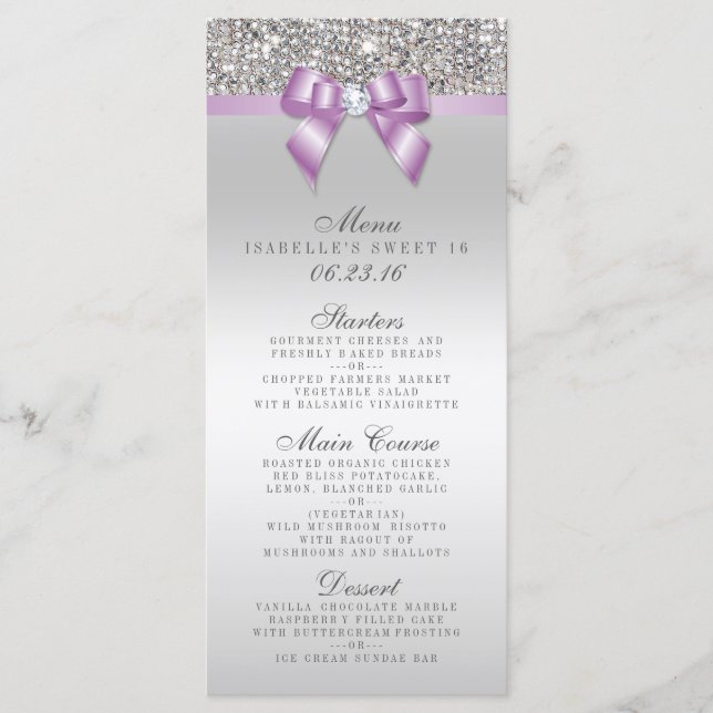 Silver Sequin Lilac Bow Sweet 16 Menu (Front)