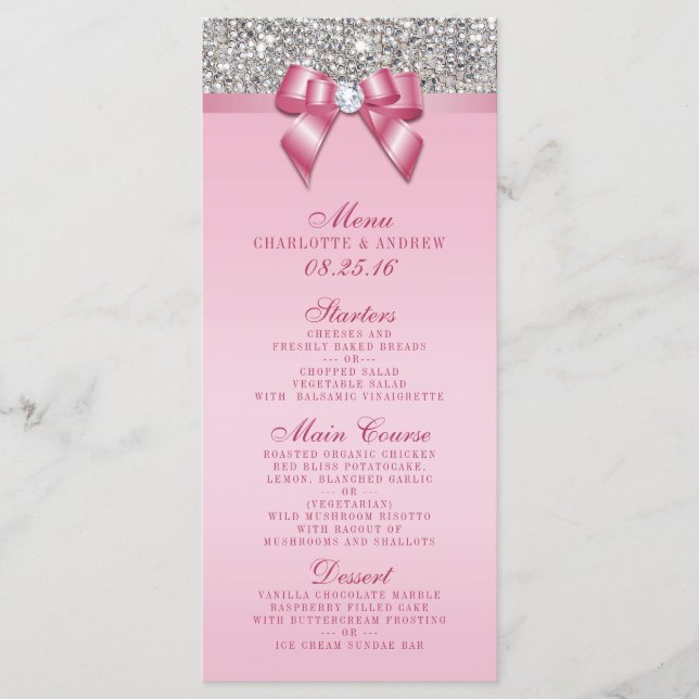 Silver Sequin Pink Bow Wedding Collection Menu (Front)