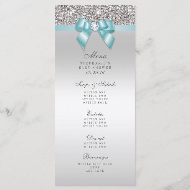 Silver Sequin Teal Bow Baby Shower Menu (Front)