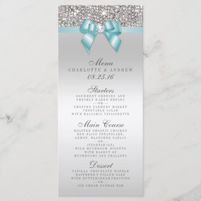 Silver Sequin Teal Bow Wedding Collection Menu (Front)