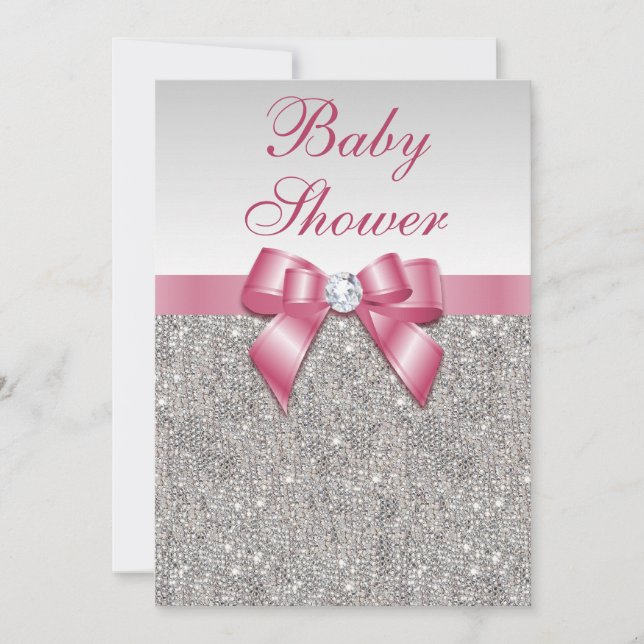 Silver Sequins and Bow Girls Pink Baby Shower Invitation (Front)
