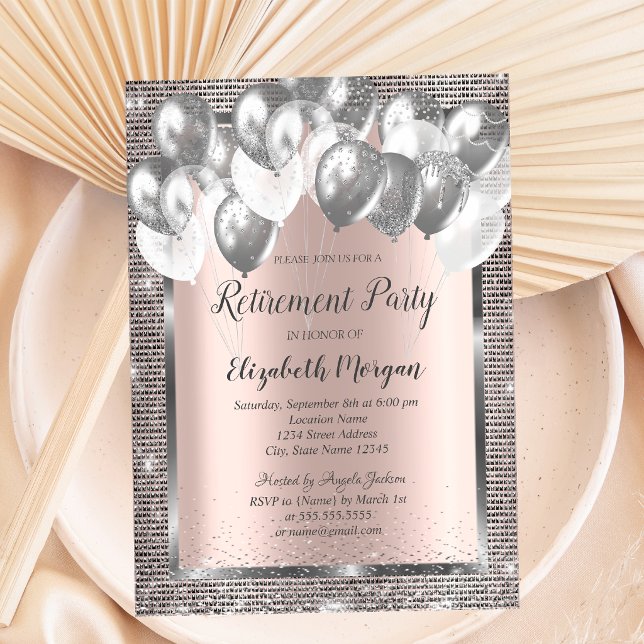 Silver  Sequins Balloons Rose Gold Retirement  Invitation (Creator Uploaded)