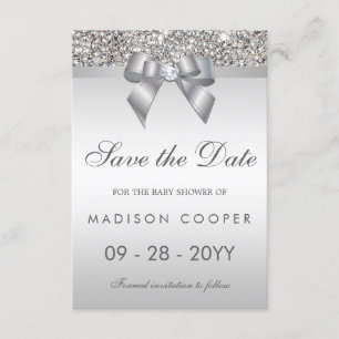 Silver Sequins Bling Bow Save The Date Baby Shower