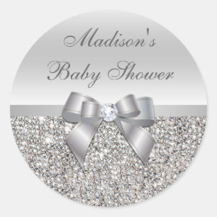 Silver Sequins Bow Baby Shower Stickers