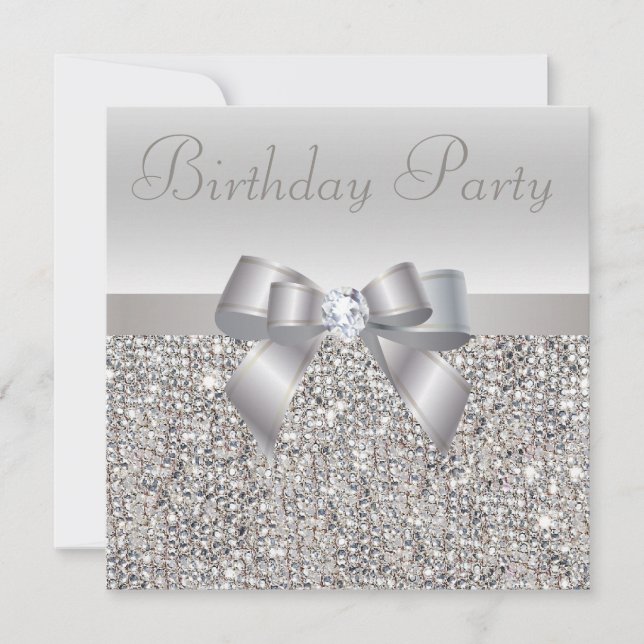 Silver Sequins, Bow & Diamond Birthday Party Invitation (Front)