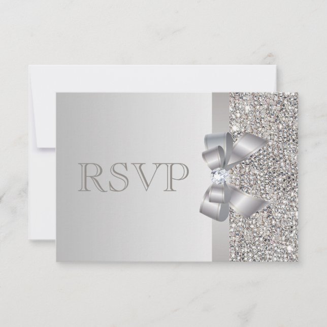 Silver Sequins, Bow & Diamond RSVP Wedding Card (Front)