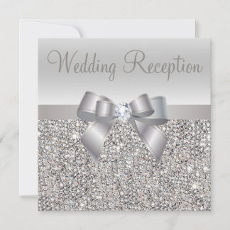Silver Sequins, Bow & Diamond Wedding Reception Invitation