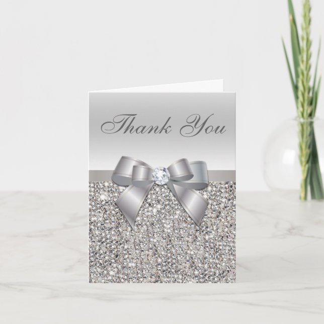 Silver Sequins, Bow & Diamond Wedding Thank You (Front)