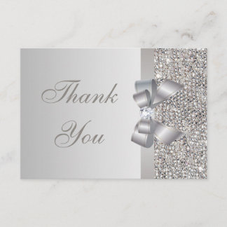Silver Sequins, Bow & Diamond Wedding Thank You Card