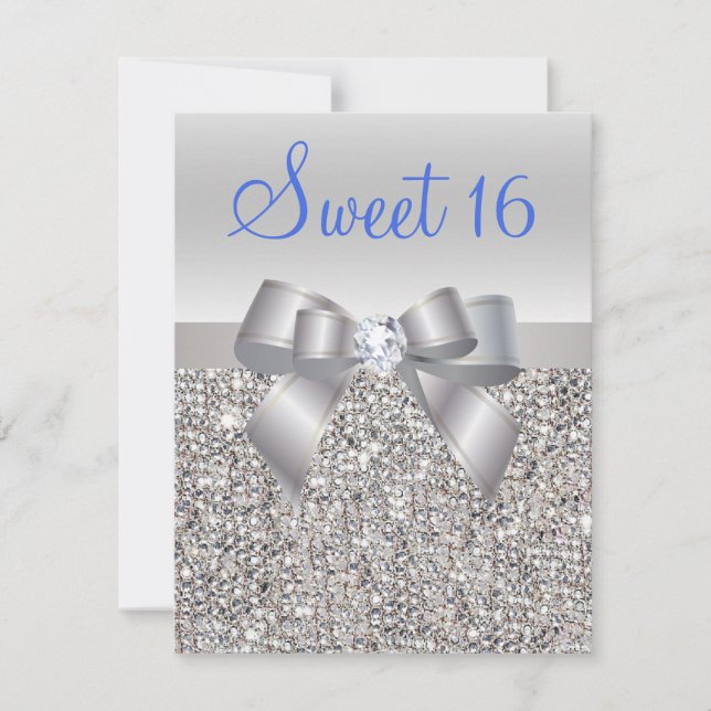 Silver Sequins & Bow Royal Blue Text Sweet 16 Invitation (Front)