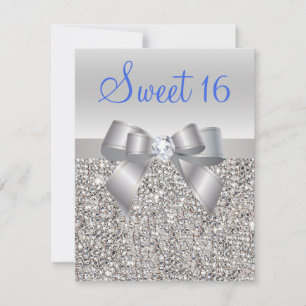 Silver Sequins & Bow Royal Blue Text Sweet 16 Invitation