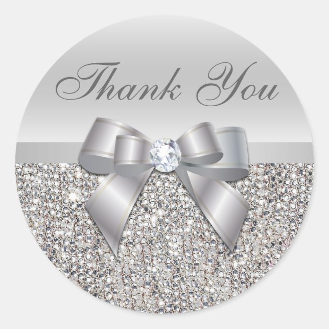 Silver Sequins Bow Thank You Stickers (Front)