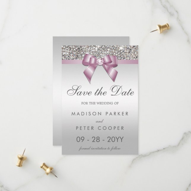 Silver Sequins Burgundy Bow Save The Date (Front/Back In Situ)