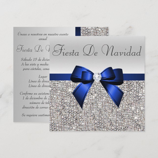 Silver Sequins Christmas Party Blue Diamond Bow Invitation (Front/Back)