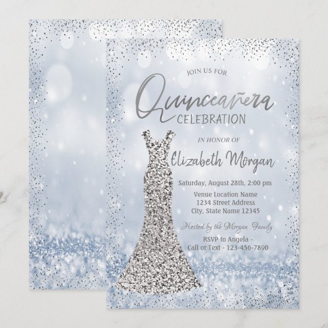 Silver Sequins Dress Confetti Bokeh Quinceañera Invitation (Front/Back)