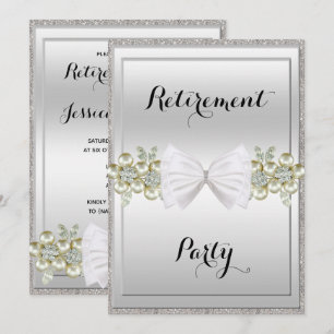 Silver Sequins, Floral Gems & Bow Retirement Invitation