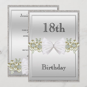 Silver Sequins & Floral Gems Glitter Bow Birthday Invitation