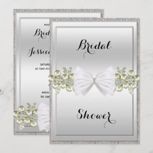 Silver Sequins & Floral Gems Glitter Bow Bridal Invitation