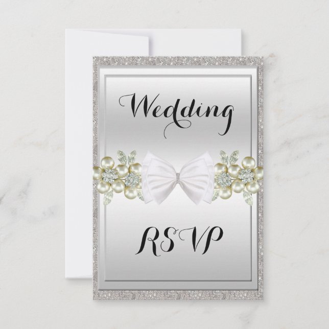 Silver Sequins & Floral Gems Glitter Bow RSVP Card (Front)