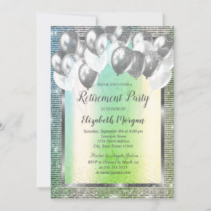 Silver Sequins Frame Balloons  Green Retirement  Invitation