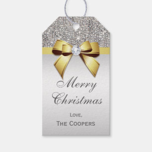 Silver Sequins Gold Diamond Bow Christmas Gift Tags