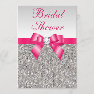 Silver Sequins Hot Pink Bow Bridal Shower Invitation
