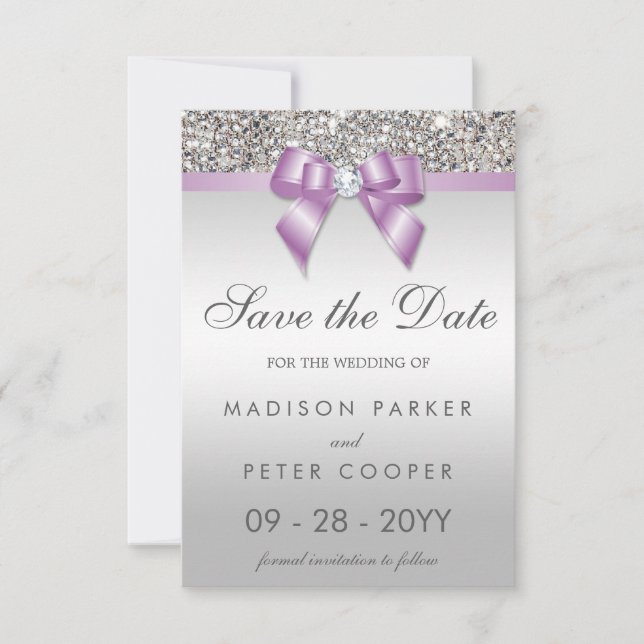 Silver Sequins Lilac Bow Save The Date Wedding (Front)
