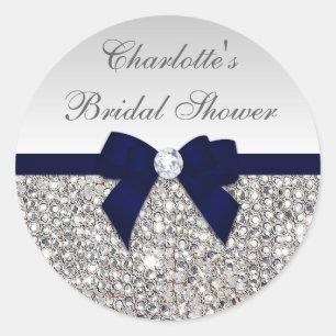 Silver Sequins Navy Bow Diamond Bridal Shower Classic Round Sticker