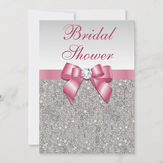 Silver Sequins Pink Bows Diamonds Bridal Shower Invitation (Front)