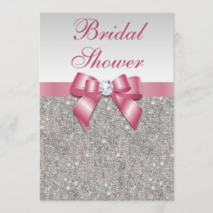 Silver Sequins Pink Bows Diamonds Bridal Shower Invitation