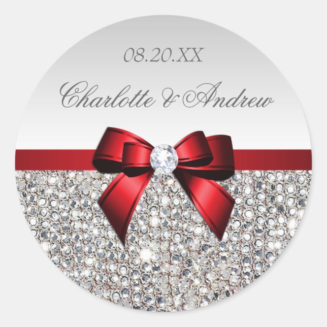 Silver Sequins Red Bow and Diamond Wedding Classic Round Sticker (Front)