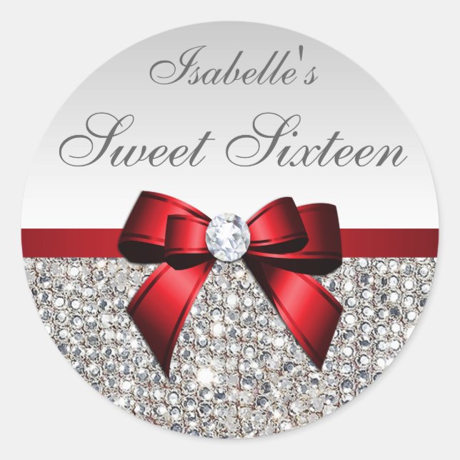 Silver Sequins Red Bow Diamond Sweet Sixteen Classic Round Sticker (Front)