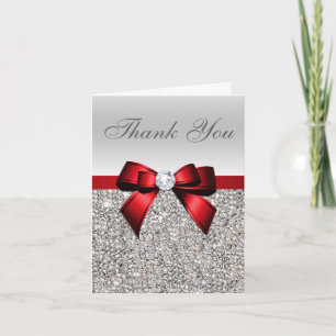 Silver Sequins Red Diamond Bow Thank You Card