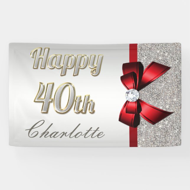 Silver Sequins Red Faux Bow 40th Birthday Banner (Horizontal)