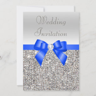 Silver Sequins Royal Blue Bow and Diamond Wedding Invitation