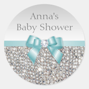 Silver Sequins Teal Bow Diamond Baby Shower Classic Round Sticker