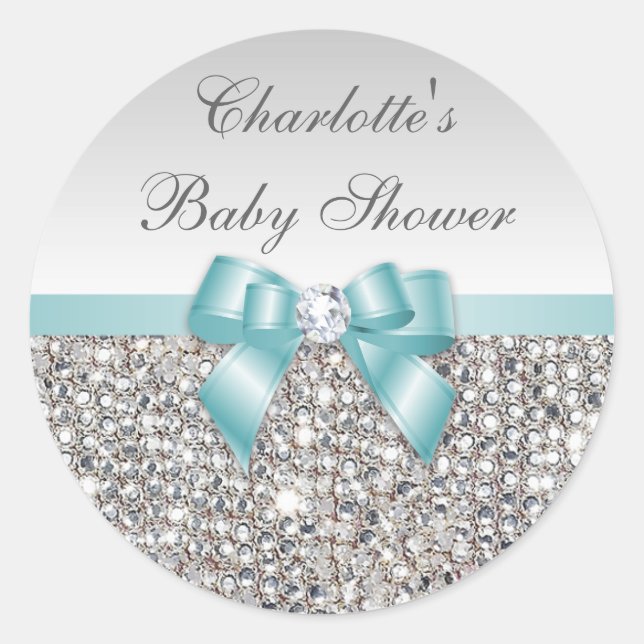 Silver Sequins Teal Bow Diamond Baby Shower Classic Round Sticker (Front)