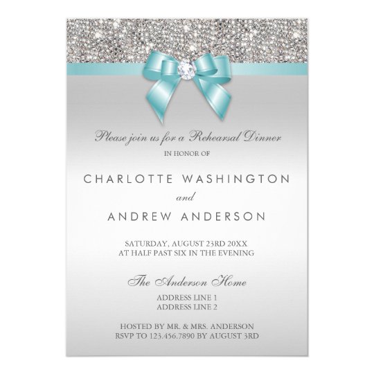 Silver Sequins Teal Bow Wedding Rehearsal Dinner Card